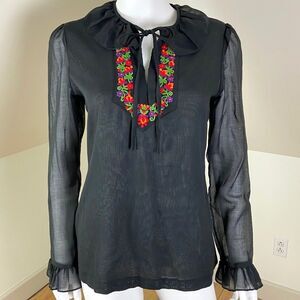 Vintage 70s Charm Hollywood Floral Embroidered Blouse Top Black Shirt Sheer S